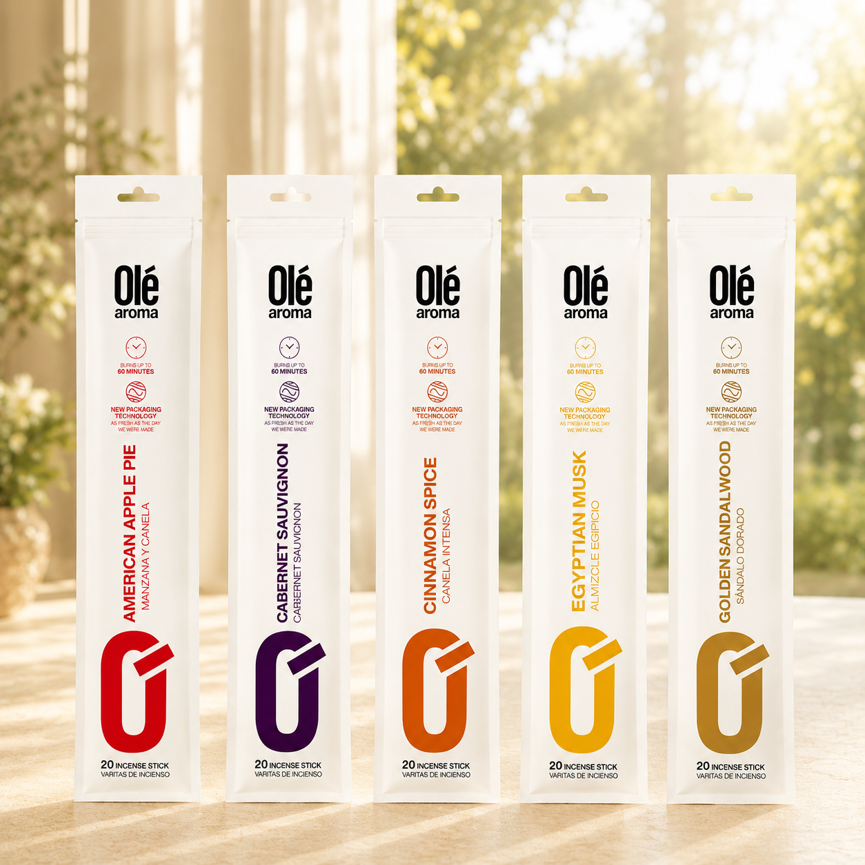 Olé Aroma incense sticks collection featuring American Apple Pie, Cabernet Sauvignon, Cinnamon Spice, Egyptian Musk and Golden Sandalwood 20-stick packs