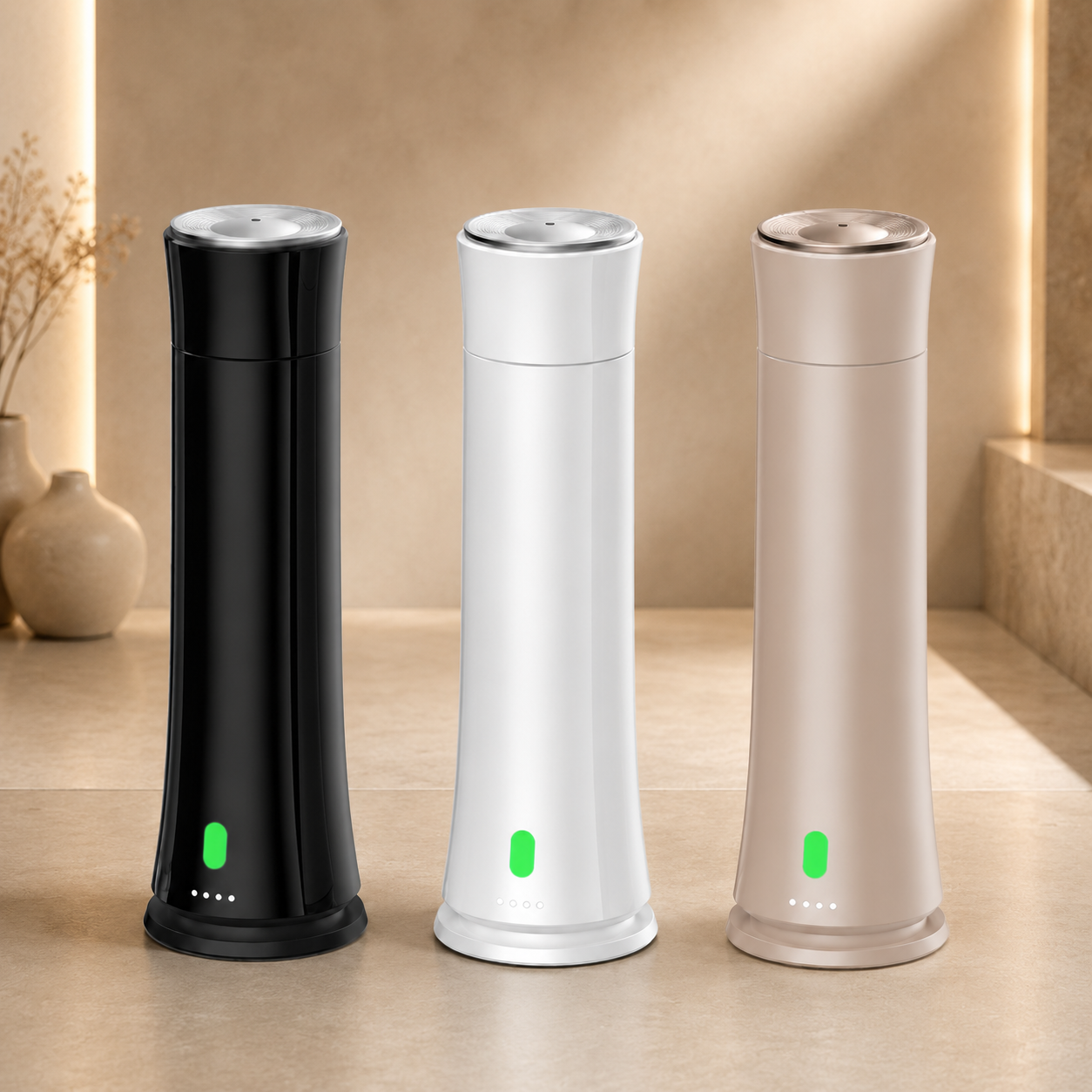 Olé Aroma LUX waterless diffuser collection featuring three Pillar diffusers in black, white, and nude on a white background