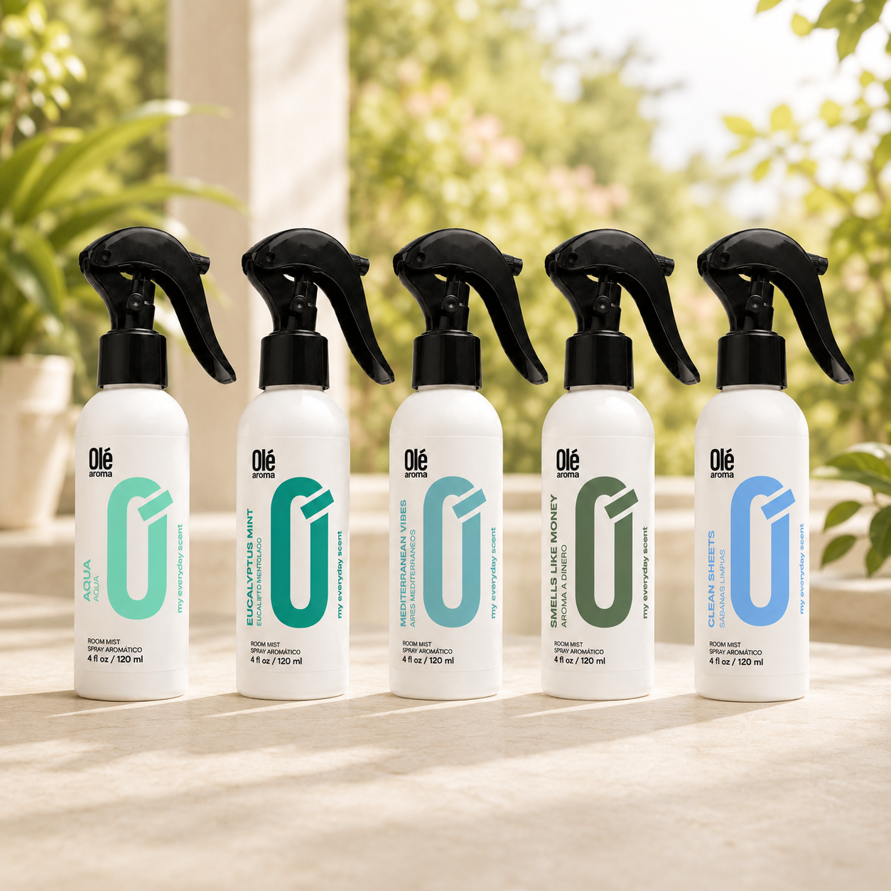 Olé Aroma Room Mist collection featuring #5, Aqua, Cabernet Sauvignon, Flower Elixir and Mediterranean Vibes 4 oz room sprays